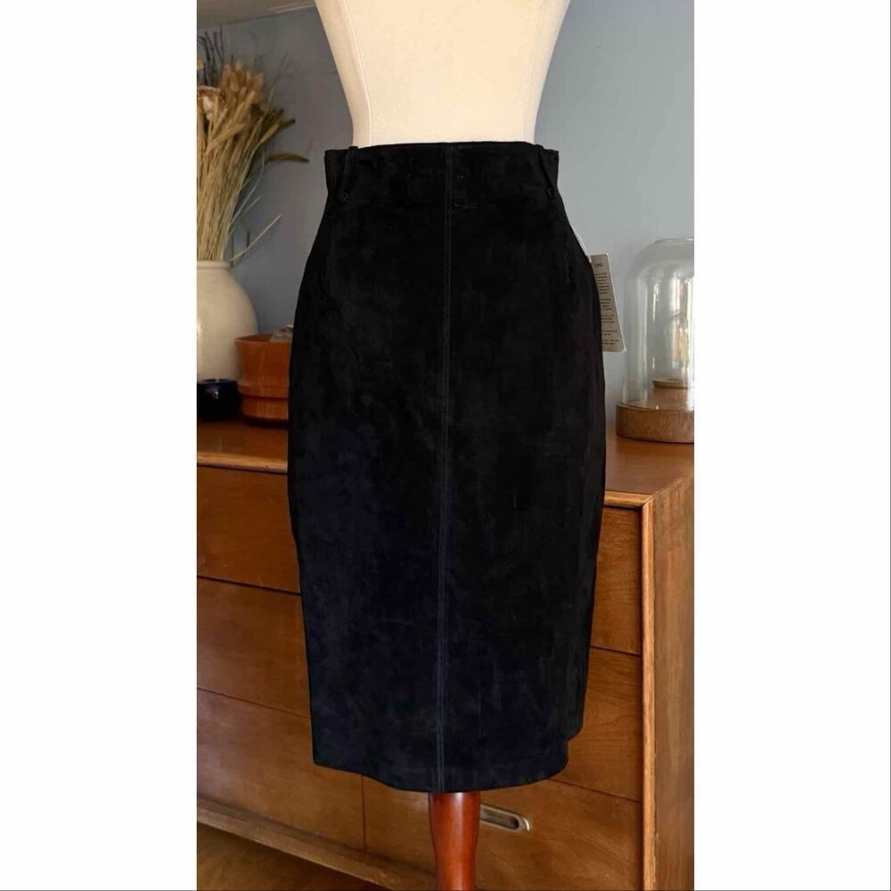 Vintage 90s Margaret Godfrey Black Leather Suede Straight Pencil Skirt Sz 4